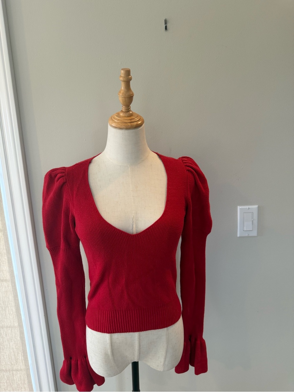 For Love And Lemons Red V-Neck Puff Sleeve Sweater